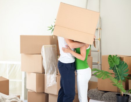 Office relocation with packed equipment and labeled boxes